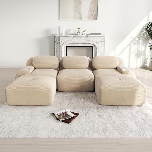 Msutree Modulares Sofa aus Velours,3-Sitzer Mit 2 Ottomane flexibel kombinierbar, modernes Design, tiefer Sitzkomfort, schneller Aufbau ohne Werkzeug (Beige) von Msutree
