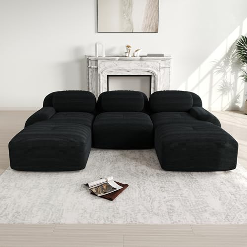 Msutree Modulares Sofa aus Velours,3-Sitzer Mit 2 Ottomane flexibel kombinierbar, modernes Design, tiefer Sitzkomfort, schneller Aufbau ohne Werkzeug (Black) von Msutree