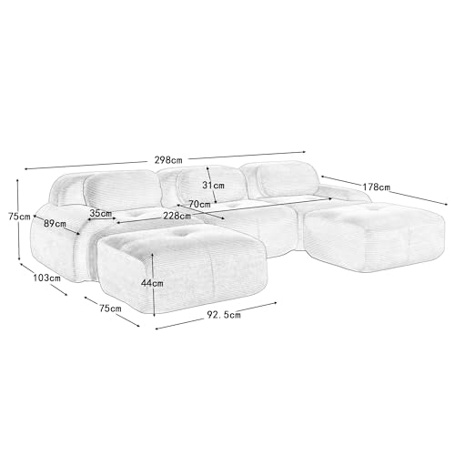 Msutree Modulares Sofa aus Velours,3-Sitzer Mit 2 Ottomane flexibel kombinierbar, modernes Design, tiefer Sitzkomfort, schneller Aufbau ohne Werkzeug (Green) von Msutree