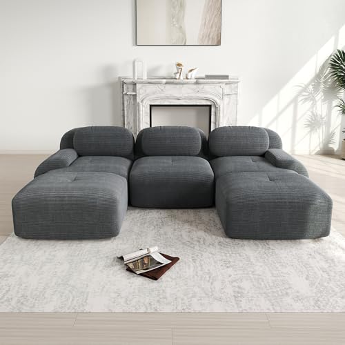 Msutree Modulares Sofa aus Velours,3-Sitzer Mit 2 Ottomane flexibel kombinierbar, modernes Design, tiefer Sitzkomfort, schneller Aufbau ohne Werkzeug (Grey) von Msutree