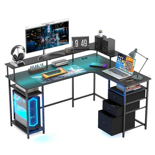 Msutree L-förmiger Gaming-Schreibtisch mit Regalen, USB und Stechdosen, 150cm, 55cm breiter Tischplatte, erhöhtem Monitoraufsatz, 3 Schubladen, RGB-Beleuchtung ideal für Büro & Home-Office von Msutree