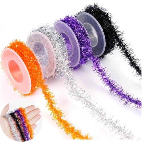 4 Rollen Halloween Lamettaband 3m Metallisch Glitzerndes Lametta Draht Hängende Girlande 1,8cm Dünnes Gedrehtes Lamettaband Halloween Dekoration Für DIY Craft Geschenkverpackungen 4 Rollen Halloween Lamettaband 3m Metallisch Glitzerndes Lametta Draht Hängende Girlande 1,8cm Dünnes Gedrehtes Lamettaband Halloween Dekoration Für DIY Craft Geschenkverpackungen von Mtbricey