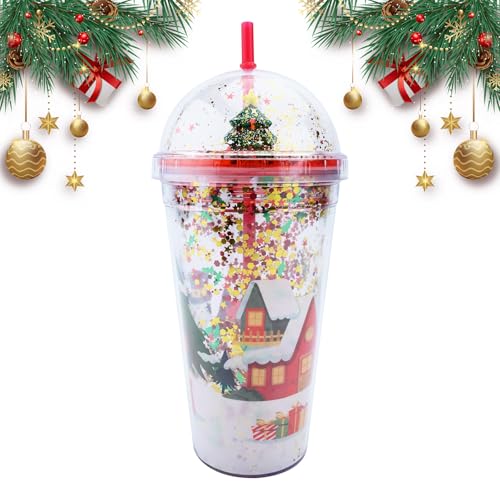 450ml Weihnachts Wasserflasche mit Strohhalm und Deckel Doppelwandiger Becher Schneemann Weihnachtsmann Wiederverwendbarer Wasserbecher Smoothie Becher Auslaufsichere Trinkflasche für Saft Kaffee (AA) von Mtbricey