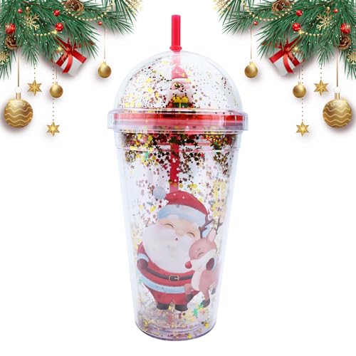 450ml Weihnachts Wasserflasche mit Strohhalm und Deckel Doppelwandiger Becher Schneemann Weihnachtsmann Wiederverwendbarer Wasserbecher Smoothie Becher Auslaufsichere Trinkflasche für Saft Kaffee (BB) von Mtbricey