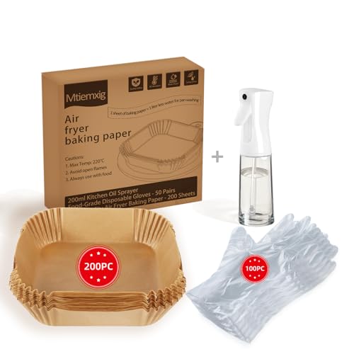 Mtiemxig 200 Stück Airfryer Backpapier + 100 hitzebeständige Handschuhe + 200ml Ölsprühflasche Set | Antihaft, Einmalpapier bis 220°C | Universal für alle Marken | Mtiemxig 200 Stück Airfryer Backpapier + 100 hitzebeständige Handschuhe + 200ml Ölsprühflasche Set | Antihaft, Einmalpapier bis 220°C | Universal für alle Marken | von Mtiemxig