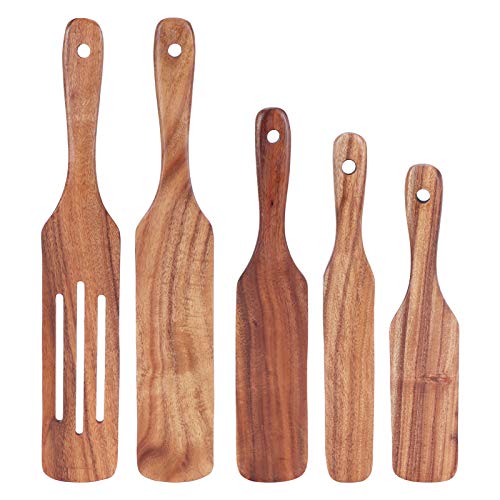 Mtlavishness 5pcs set hölzerne Spatel Turner Kochutensilien Kit Teakholz Holz, die stark sicher sind, mit hängenden Loch -Design für Küchenkochen und Tabellengeschirr. Verwenden von Mtlavishness