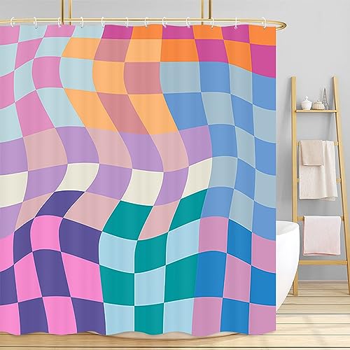 Aesthetic Funky Fun Checkerboard Shower Curtain Cute Colorful Rainbow Pastel Hippie Bath Curtain Retro Boho Abstract Wavy Swirl Bathroom Accessories Groovy Teen Girls for Bathroom Curtains 72X72in von Mtsxfy