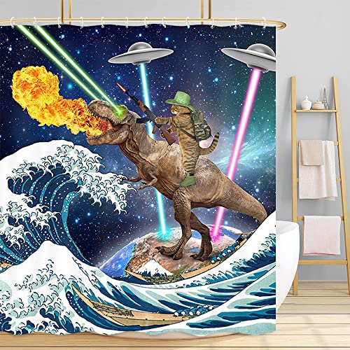 Lustiger Katzen-Duschvorhang, coole Katze, reitender Dinosaurier, japanische Ozeanwelle, Badzubehör für Kinder, Weltraum, Galaxie, lustiges Kinderzimmer-Badezimmerzubehör, 183x183 cm Lustiger Katzen-Duschvorhang, coole Katze, reitender Dinosaurier, japanische Ozeanwelle, Badzubehör für Kinder, Weltraum, Galaxie, lustiges Kinderzimmer-Badezimmerzubehör, 183x183 cm von Mtsxfy