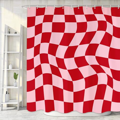 Mtsxfy Ästhetischer 70er Jahre abstrakter gewellter Wirbel-Duschvorhang, niedliches rosa-rotes Schachbrett-Badvorhang, Retro, minimalistisches Badezimmerzubehör, grooviges Teenager-Mädchen für Mtsxfy Ästhetischer 70er Jahre abstrakter gewellter Wirbel-Duschvorhang, niedliches rosa-rotes Schachbrett-Badvorhang, Retro, minimalistisches Badezimmerzubehör, grooviges Teenager-Mädchen für von Mtsxfy