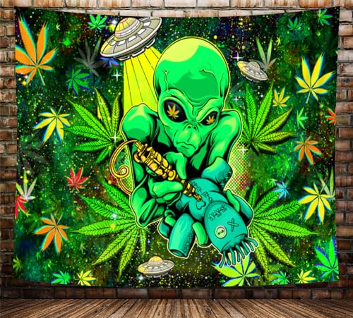 Mtsxfy Trippy Weed Tapisserie, cooles Alien-grünes Marihuana, kleiner Wandbehang für Herren-Schlafzimmer, psychedelische Steiner-Wandteppiche, Flagge, Hippie-Poster, Stranddecke, Studentenwohnheim, von Mtsxfy
