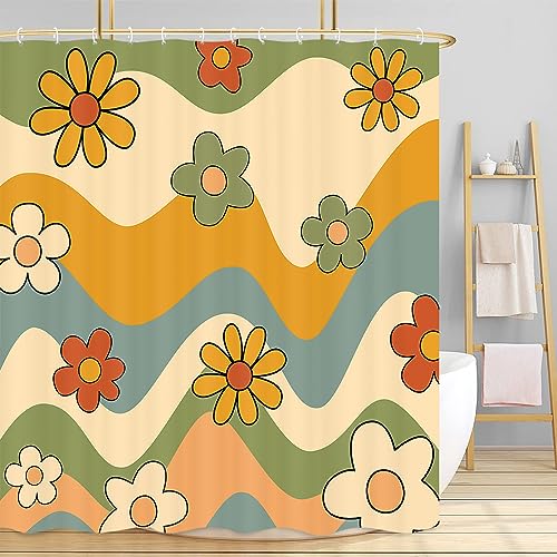 Niedlicher ästhetischer 70er-Jahre-Boho-Duschvorhang, Retro-Gänseblümchen-Blume, Vintage-Stil, gewellt, Wirbelblau, Orange, Beige, bunt, trendig, Badezimmerzubehör, groovige Teenager-Mädchen, Niedlicher ästhetischer 70er-Jahre-Boho-Duschvorhang, Retro-Gänseblümchen-Blume, Vintage-Stil, gewellt, Wirbelblau, Orange, Beige, bunt, trendig, Badezimmerzubehör, groovige Teenager-Mädchen, von Mtsxfy