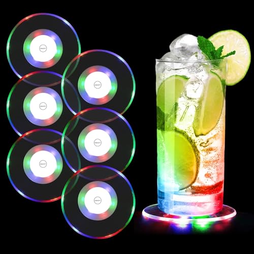 Mture 6 Stück Untersetzer Leuchtend, Bunt LED Untersetzer Acryl Rund Wasserdichte Leuchtuntersetzer, ON/Off Taste Getränke Untersetzer Set, Led Untersetzer für Gläser Partys Hochzeiten Bar Weihnachten von Mture