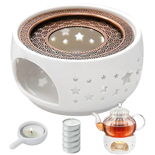 Mture Stövchen für Teekanne, Teekanne Keramik Teekanne Wärmer Hohl Geschnitztes Design, Stövchen Porzellan mit Kerzenständer, 5 Kerzen und Herdmatte für Kaffee Tee Milch von Mture