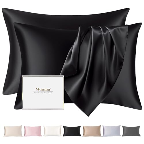Muama Seidenkissenbezug 40x80 cm 2er Set Kissenbezüge aus Seide Kissenbezug Kopfkissenbezug Silk Pillowcase für Haar und Haut mit verstecktem Reißverschluss, 2 Stück, Schwarz von Muama