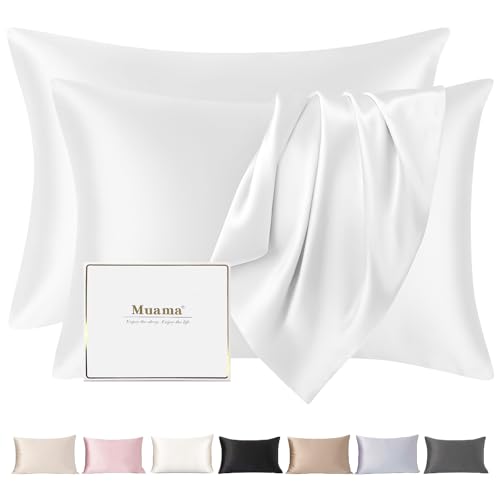 Muama 2X Seidenkissenbezug 40x80 cm Kissenbezüge aus Seide Kissenbezug Kopfkissenbezug Silk Pillowcase für Haar und Haut mit verstecktem Reißverschluss, 2 Stück, Weiß von Muama