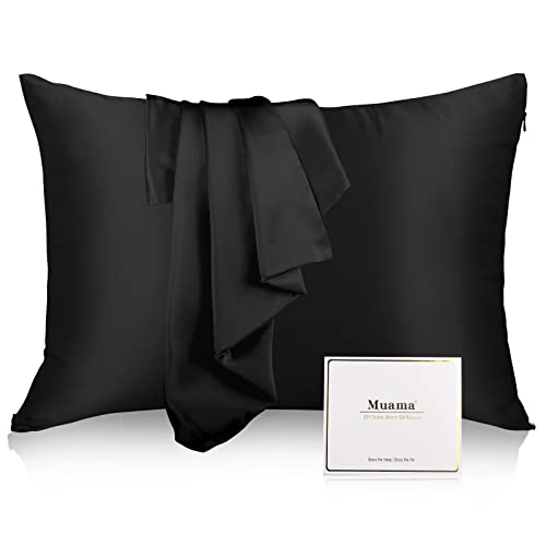 Silk Pillowcase, Muama Seidenkissenbezug 40x80 cm für Haar und Haut mit verstecktem Reißverschluss, beide Seiten 100% 19 Momme Maulbeerseide Seide Kissenbezug, 1 Stück (Schwarz) von Muama
