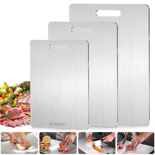 3 Stück Schneidebrett Edelstahl, Doppelseitiges Lebensmittel Grade Schneidebrett, Cutting Board für Fleisch, Brot, Gemüse & Obst, Hitzebeständig und langlebig von Mucek