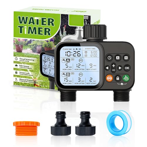 Mucek Bewässerungscomputer mit 2 unabhängigen Ausgängen, Bewässerungstimer mit 8 separaten Programmen, Watering Timer mit Manueller & Automatischer Modus, programmierbarer Wasserhahn-Timer für Garten von Mucek
