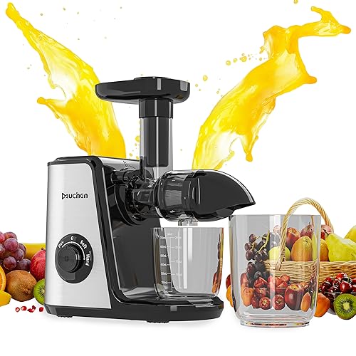 Muchen Slow Juicer Entsafter für Obst und Gemüse Ruhiger Motor Leichte Reinigung mit Rückwärts-Kau-Funktion 150W aus Edelstahl schwarz silber inkl. Rezeptbuch Saftpresse Entsaftermaschine von Muchen