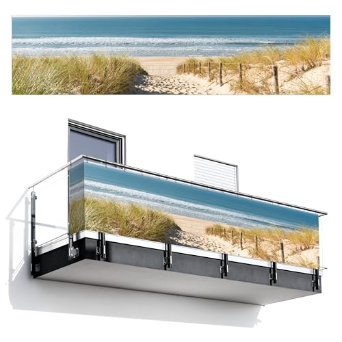 MuchoWow© Balkon Seitensichtschutz Einseitig 120x500 cm Groß PVC Terrassen Gartensichtschutz ohne Bohren Wetterfest Zaun Schutz Terrasse Balcony Decoration Strand - Meer - Düne - Sand - Sommer von MuchoWow