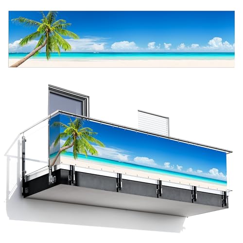 MuchoWow© Balkon Seitensichtschutz Einseitig 130x500 cm Groß PVC Terrassen Gartensichtschutz ohne Bohren Wetterfest Zaun Schutz Terrasse Balcony Decoration Palme - Strand - Meer von MuchoWow