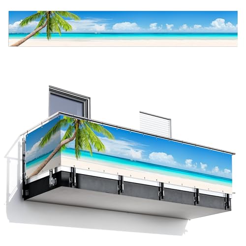 MuchoWow© Balkon Seitensichtschutz Einseitig 80x500 cm Groß PVC Terrassen Gartensichtschutz ohne Bohren Wetterfest Zaun Schutz Terrasse Balcony Decoration Palme - Strand - Meer von MuchoWow