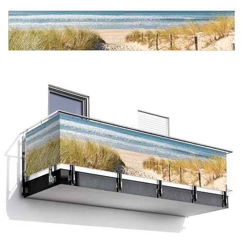 MuchoWow© Balkon Seitensichtschutz Einseitig 85x500 cm Groß PVC Terrassen Gartensichtschutz ohne Bohren Wetterfest Zaun Schutz Terrasse Balcony Decoration Strand - Meer - Düne - Sand - Sommer von MuchoWow