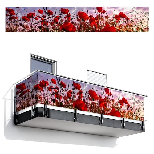 MuchoWow© Balkon Sichtschutz Einseitig 85x500 cm Groß PVC Kunststoff Garten Windschutz ohne Bohren Wetterfest Sichtschutzzaun Terrasse Balkonverkleidung Deko Panorama - farbenfroh - Mohnblumenfeld von MuchoWow