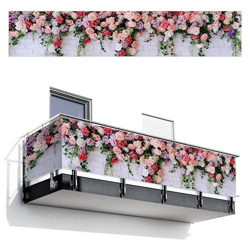MuchoWow© Balkon Sichtschutz Einseitig 100x500 cm Groß PVC Kunststoff Garten Windschutz ohne Bohren Wetterfest Sichtschutzzaun Terrasse Balkonverkleidung Deko Blumen - Rosa - Steinoptik von MuchoWow