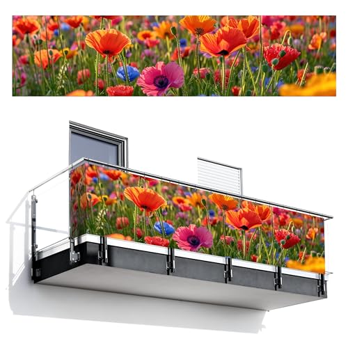 MuchoWow© Balkongeländer Sichtschutz Einseitig 130x500 cm Groß PVC Garten Windschutz Seitlich ohne Bohren Wetterfest Zaunsichtschutz Terrasse Balkon Abdeckung Landschaft - Blumen - Farbenfroh von MuchoWow