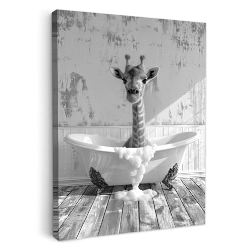 MuchoWow© Bild auf Leinwand 30x40 cm Bilder Badezimmer WC Toilette Wand Deko Wohnzimmer Modern Wanddeko Bilderwand Geschenk Hochlandrind - Kuh - Vintage - Badewanne - Schwarz und weiß von MuchoWow
