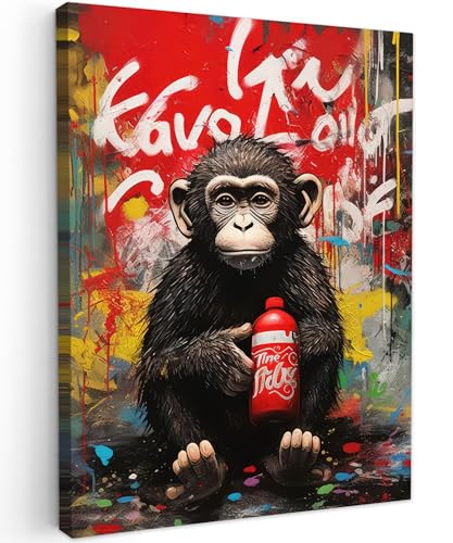 MuchoWow© Bild auf Leinwand 30x40 cm Schlafzimmer Bilder Wand Deko Wohnzimmer Modern Wanddeko Bilderwand Geschenk Banksy - Street Pop Art - Affe - Graffiti - Tiere - Kunst - Flasche - Farben von MuchoWow
