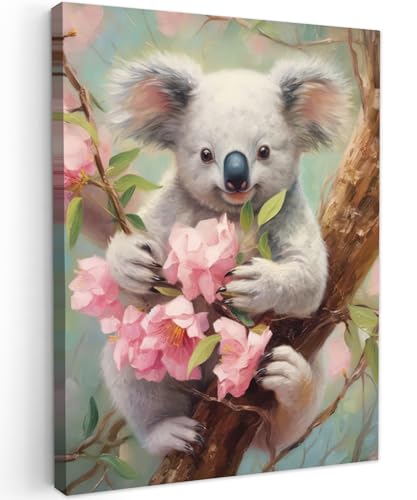 MuchoWow© Bild auf Leinwand 30x40 cm Schlafzimmer Bilder Wand Deko Wohnzimmer Modern Wanddeko Bilderwand Geschenk Koala - Blumen - Tiere - Rosa von MuchoWow