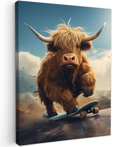 MuchoWow© Bild auf Leinwand 30x40 cm Schlafzimmer Bilder Wand Deko Wohnzimmer Modern Wanddeko Bilderwand Geschenk Schottische Hochlandrind - Kuh - Highland Cow - Hörner - Skateboard von MuchoWow