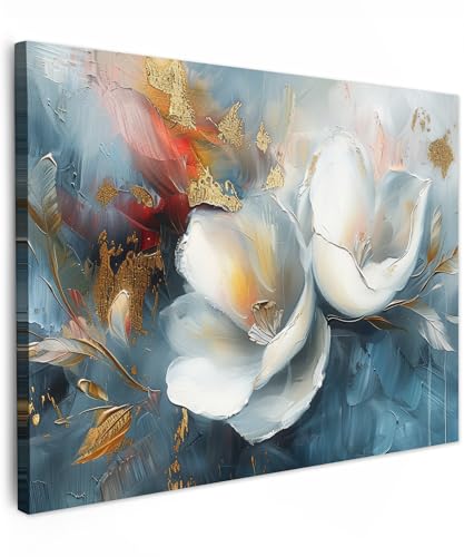 MuchoWow© Bild auf Leinwand 40x30 cm Schlafzimmer Bilder Badezimmer Wand Deko Wohnzimmer Modern Wanddeko Bilderwand Geschenk Blumen - Weiß - Gold - Kunst - Abstrakt von MuchoWow