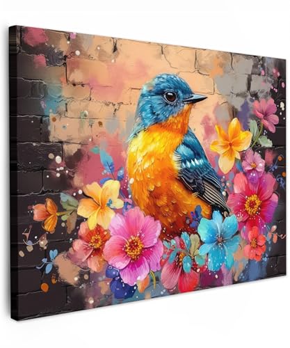 MuchoWow© Bild auf Leinwand 40x30 cm Schlafzimmer Bilder Badezimmer Wand Deko Wohnzimmer Modern Wanddeko Bilderwand Geschenk Graffiti - Vogel - Blumen - Straßenkunst von MuchoWow