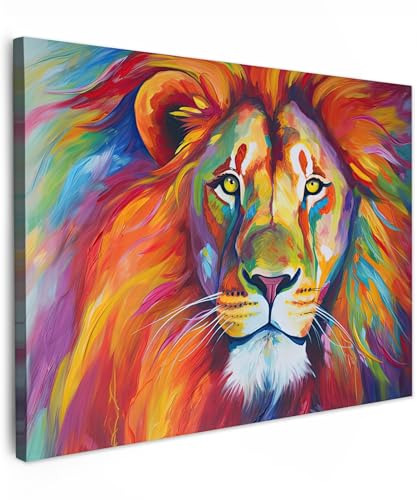 MuchoWow© Bild auf Leinwand 40x30 cm Schlafzimmer Bilder Wand Deko Wohnzimmer Modern Wanddeko Bilderwand Geschenk Kunstdruck - Bunt - Löwe - Tiere - Ölfarbe - Regenbogen von MuchoWow