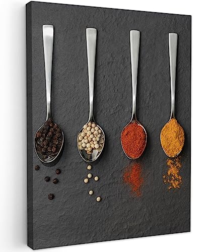 MuchoWow© Bild auf Leinwand 50x70 cm Schlafzimmer Bilder Badezimmer Wand Deko Wohnzimmer Modern Wanddeko Bilderwand Geschenk Küche - Gewürze - Löffel - Tisch - Rustikal - Kräuter von MuchoWow