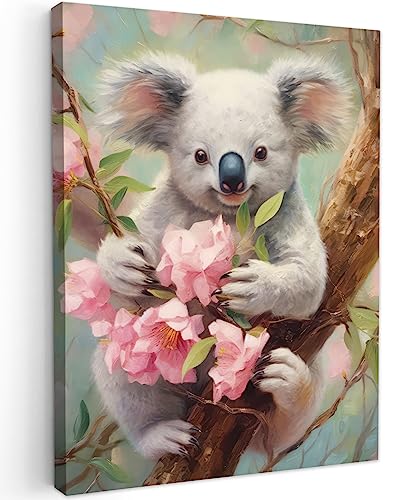 MuchoWow© Bild auf Leinwand 50x70 cm Schlafzimmer Bilder Wand Deko Wohnzimmer Modern Wanddeko Bilderwand Geschenk Koala - Blumen - Tiere - Rosa von MuchoWow