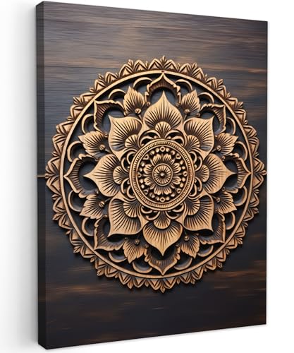 MuchoWow© Bild auf Leinwand 50x70 cm Schlafzimmer Bilder Wand Deko Wohnzimmer Modern Wanddeko Bilderwand Geschenk Mandala - Holz - Blumen - Braun von MuchoWow