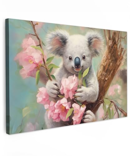 MuchoWow© Bild auf Leinwand 60x40 cm Schlafzimmer Bilder Wand Deko Wohnzimmer Modern Wanddeko Bilderwand Geschenk Koala - Blumen - Tiere - Rosa von MuchoWow