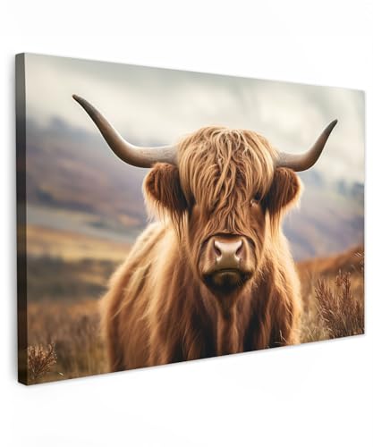 MuchoWow© Bild auf Leinwand 60x40 cm Schlafzimmer Bilder Wand Deko Wohnzimmer Modern Wanddeko Bilderwand Geschenk Schottische Hochlandrind - Kuh - Highland Cow - Landschaft - Tier von MuchoWow