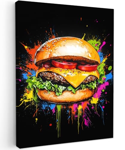 MuchoWow© Bild auf Leinwand 60x80 cm Schlafzimmer Bilder Badezimmer Wand Deko Wohnzimmer Modern Wanddeko Bilderwand Geschenk Hamburger - Graffiti - Farbe - Bunt - Essen - Abstrakt von MuchoWow