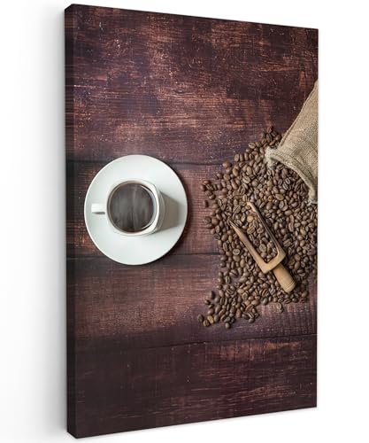 MuchoWow© Bild auf Leinwand 60x90 cm Schlafzimmer Bilder Wand Deko Wohnzimmer Modern Wanddeko Bilderwand Geschenk Kaffee - Kaffeebohnen - Küche - Holz - Beutel von MuchoWow