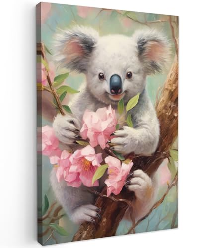 MuchoWow© Bild auf Leinwand 60x90 cm Schlafzimmer Bilder Wand Deko Wohnzimmer Modern Wanddeko Bilderwand Geschenk Koala - Blumen - Tiere - Rosa von MuchoWow