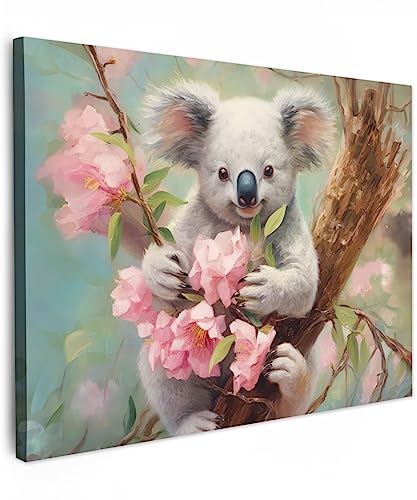 MuchoWow© Bild auf Leinwand 70x50 cm Schlafzimmer Bilder Wand Deko Wohnzimmer Modern Wanddeko Bilderwand Geschenk Koala - Blumen - Tiere - Rosa von MuchoWow