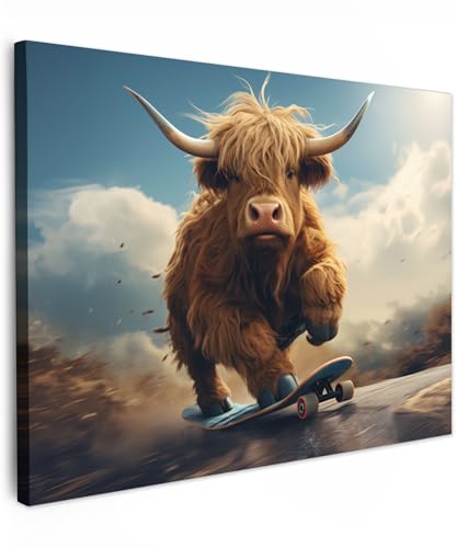 MuchoWow© Bild auf Leinwand 70x50 cm Schlafzimmer Bilder Wand Deko Wohnzimmer Modern Wanddeko Bilderwand Geschenk Schottische Hochlandrind - Kuh - Highland Cow - Hörner - Skateboard von MuchoWow