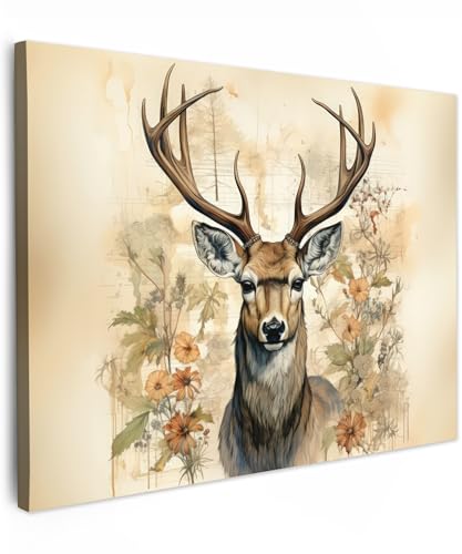 MuchoWow© Bild auf Leinwand 70x50 cm Schlafzimmer Bilder Wand Deko Wohnzimmer Modern Wanddeko Bilderwand Geschenk Vintage - Hirsch - Rothirsch - Blumen - Beige - Tiere - Natur von MuchoWow