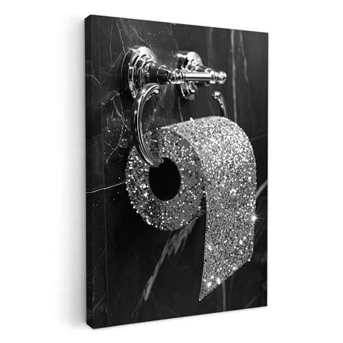 MuchoWow© Bild auf Leinwand 80x120 cm Bilder Badezimmer WC Wand Deko Wohnzimmer Modern Wanddeko Bilderwand Geschenk Toilette - Toilettenpapier - Schwarz und weiß von MuchoWow