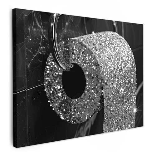 MuchoWow© Bild auf Leinwand 80x60 cm Bilder Badezimmer WC Wand Deko Wohnzimmer Modern Wanddeko Bilderwand Geschenk Toilette - Toilettenpapier - Schwarz und weiß von MuchoWow